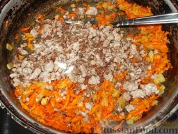 Блинчики с мясом, луком и морковью: Овощи соединить с жареным мясным фаршем, посолить, поперчить и тщательно перемешать.