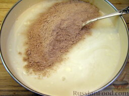 Шоколадный торт (на кефире): Продолжая размешивать, постепенно ввести муку, просеянную вместе с содой и какао.