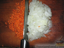 Суп с грибами: Кастрюлю с бульоном поставить на огонь.  Нашинковать кубиками лук и морковь.