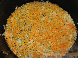 Суп с грибами: Обжарить в сковороде лук и морковь на растительном масле.