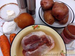 Рагу из свинины: Ингредиенты для приготовления рагу из свинины с овощами.