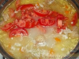 Домашний суп из утки: В готовый суп положите нарезанные помидоры, заправьте солью и перцем.