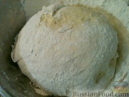 Пирог со свежей капустой: Постепенно добавляя муку, замесите тесто. Накройте его полотенцем, оставьте на 2 часа. Через час обомните подошедшее тесто.