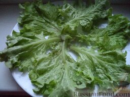 Салат «Мимоза»: Выложить салат «Мимоза».  Помыть листья салата.   Плоское блюдо выстелить листьями салата.