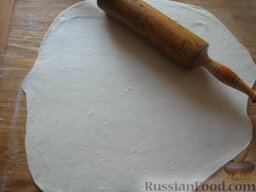 Пресное тесто для пирожков: Но можно тесто для пирожков сразу раскатать, слегка подсыпая муку, в тонкий пласт толщиной 3 мм.