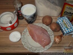 Скороспелый курник: Подготовить продукты для быстрого курника с картошкой.