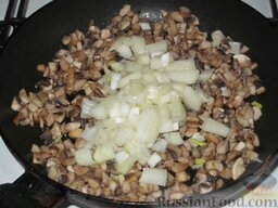 Чечевица с грибами, маслом, томатом и луком: Выложить лук. Дальше грибы поджарить с измельченным репчатым луком на среднем огне до готовности (5 минут).