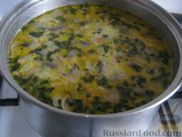 Грибной сливочный суп: В суп добавить молоко и сырки. Посолить и поперчить. Дать закипеть и снять сливочный грибной суп с огня. Положить зелень и дать настояться под крышкой 10 минут.