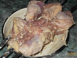 Шашлык из птицы в майонезе: Нанижите кусочки курицы на шампуры. Кусочки с костью нанижите вдоль кости. Жарьте на шампурах до готовности.