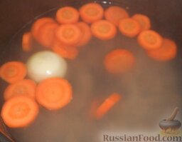 Бульон из куриных желудков: Спустя 1 час добавить в бульон крупно нарезанную морковь. Туда же добавить целую луковицу, посолить, поперчить и варить еще 20 минут.