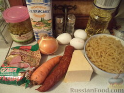 Запеканка из макарон с сыром и колбасой: Продукты для рецепта перед вами.    Как приготовить запеканку из макарон и колбасы: