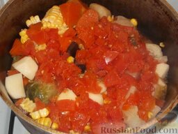Рагу овощное по-деревенски: Приготовленным соусом залейте овощи, сложенные в одну кастрюлю. Накройте кастрюлю крышкой и тушите овощное рагу 15—20 минут.