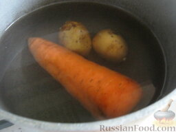 Салат «Мимоза»: Картофель и морковь помыть, залить холодной водой и отварить в мундире на среднем огне до готовности (20-30 минут). Охладить и очистить.