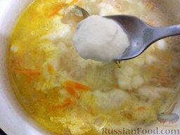 Суп картофельный с клецками: Тесто набирать чайной ложкой и опускать в кипящий суп. Малыми порциями опускать в суп клецки до тех пор, пока не закончится тесто. Проварить 5 минут на среднем огне.
