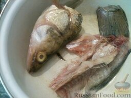 Уха из судака: Из рыбных костей, голов, хвостовых частей и плавников сварить бульон.